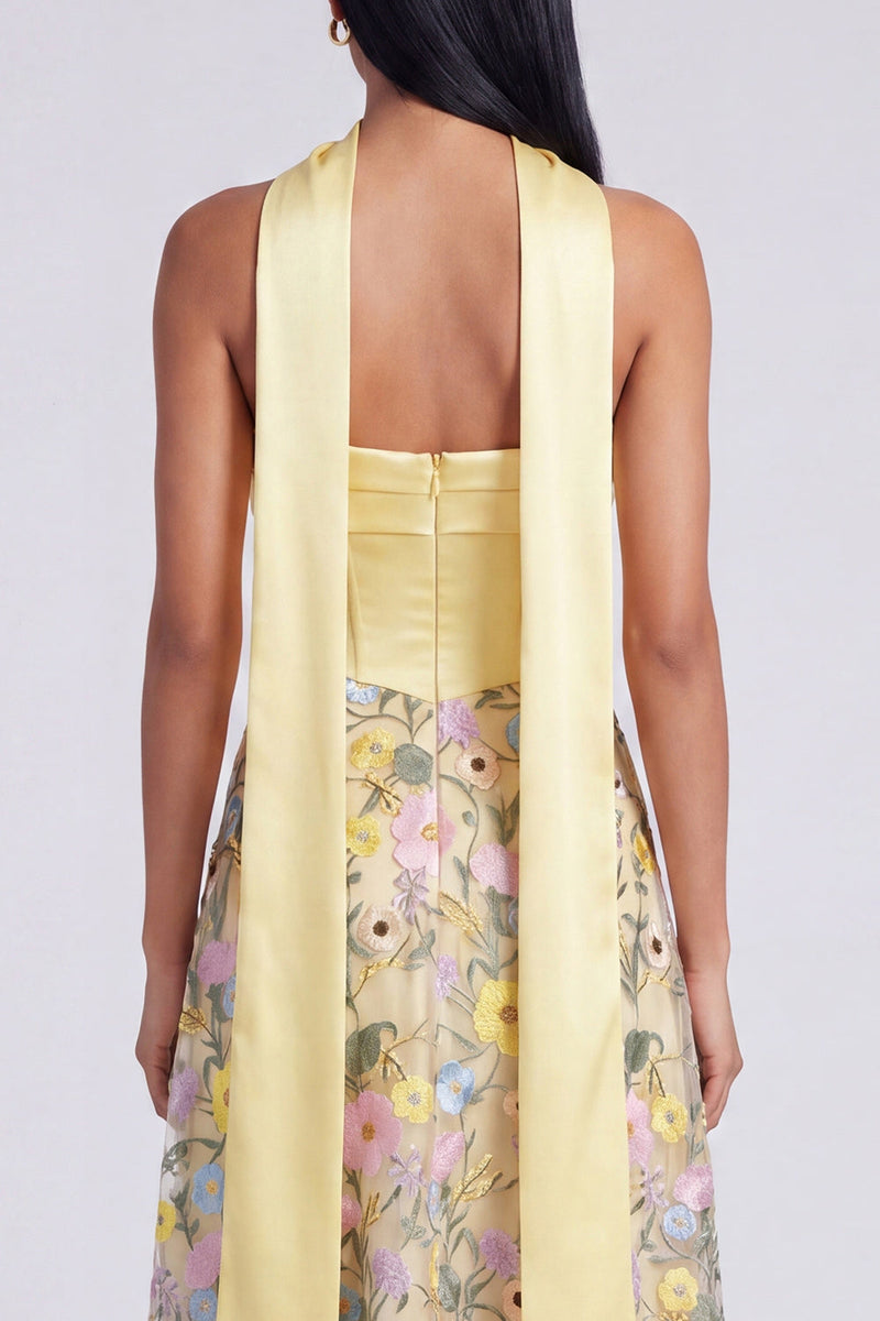 Load image into Gallery viewer, Strapless Butter Yellow A Line Floral Embroidered Long Formal Dress
