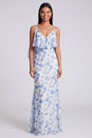 Load image into Gallery viewer, Light Green Mermaid Floral V-Neck Long Formal Dress with Ruffles