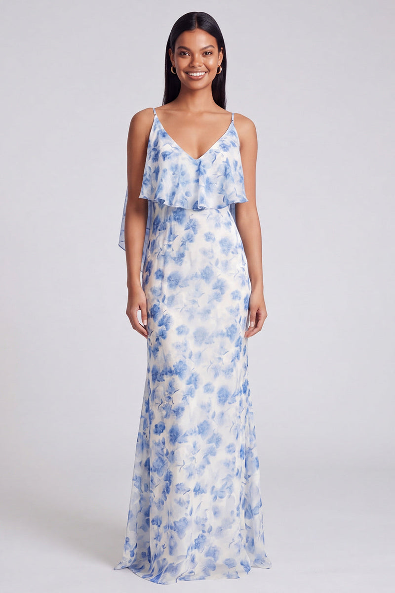 Load image into Gallery viewer, Light Green Mermaid Floral V-Neck Long Formal Dress with Ruffles