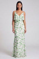 Load image into Gallery viewer, Light Green Mermaid Floral V-Neck Long Formal Dress with Ruffles