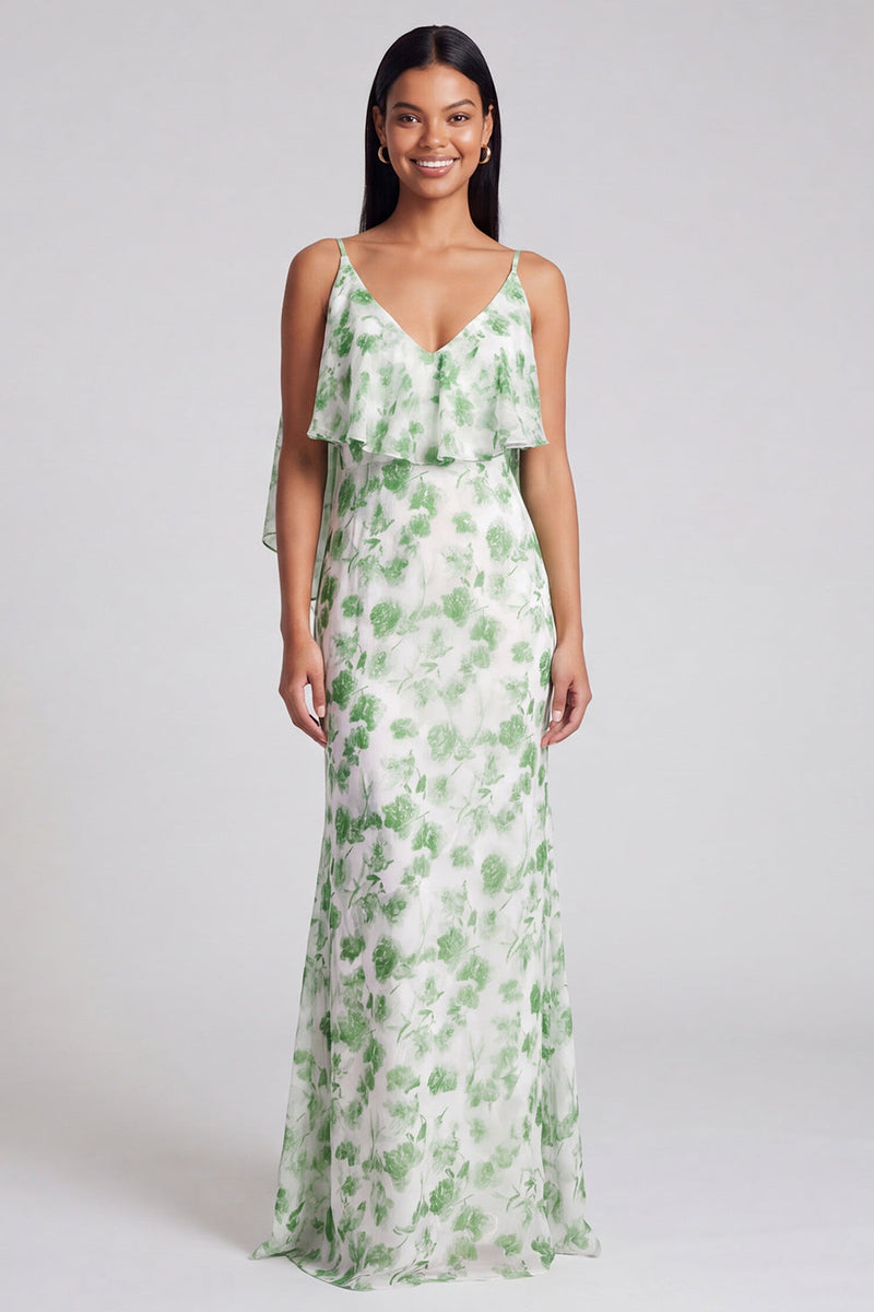 Load image into Gallery viewer, Light Green Mermaid Floral V-Neck Long Formal Dress with Ruffles