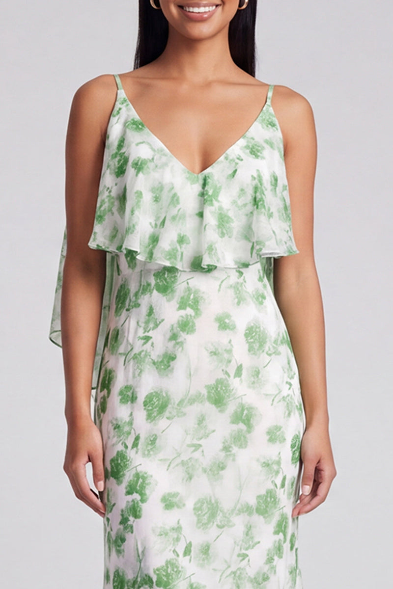 Load image into Gallery viewer, Light Green Mermaid Floral V-Neck Long Formal Dress with Ruffles