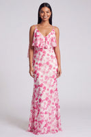 Load image into Gallery viewer, Light Green Mermaid Floral V-Neck Long Formal Dress with Ruffles