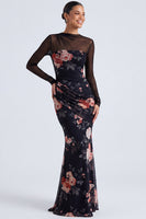 Load image into Gallery viewer, Black Round Neck Mermaid Floral Ruched Long Sleeves Formal Dress