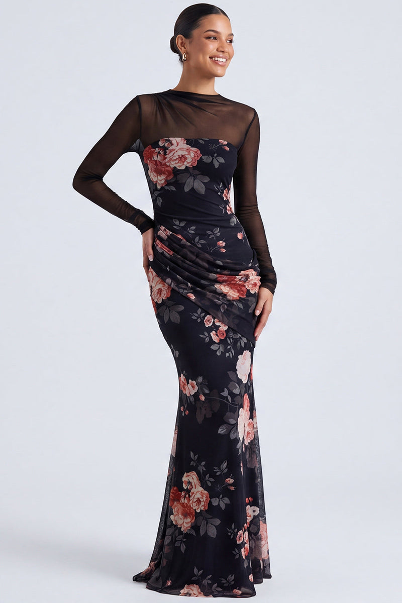 Load image into Gallery viewer, Black Round Neck Mermaid Floral Ruched Long Sleeves Formal Dress