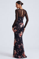 Load image into Gallery viewer, Black Round Neck Mermaid Floral Ruched Long Sleeves Formal Dress