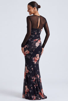 Black Round Neck Mermaid Floral Ruched Long Sleeves Formal Dress