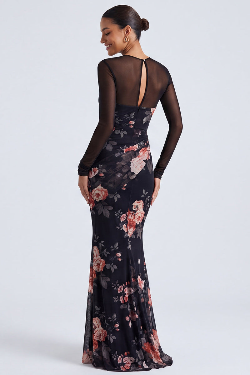 Load image into Gallery viewer, Black Round Neck Mermaid Floral Ruched Long Sleeves Formal Dress