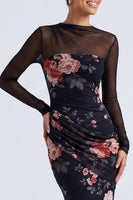 Load image into Gallery viewer, Black Round Neck Mermaid Floral Ruched Long Sleeves Formal Dress