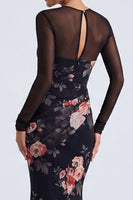Load image into Gallery viewer, Black Round Neck Mermaid Floral Ruched Long Sleeves Formal Dress