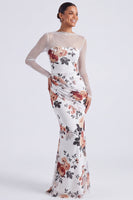 Load image into Gallery viewer, Black Round Neck Mermaid Floral Ruched Long Sleeves Formal Dress