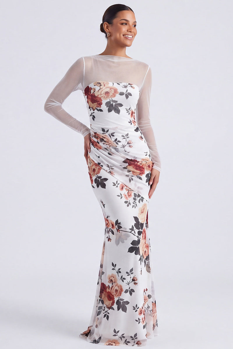 Load image into Gallery viewer, Black Round Neck Mermaid Floral Ruched Long Sleeves Formal Dress