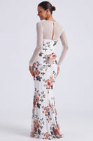 Load image into Gallery viewer, Black Round Neck Mermaid Floral Ruched Long Sleeves Formal Dress