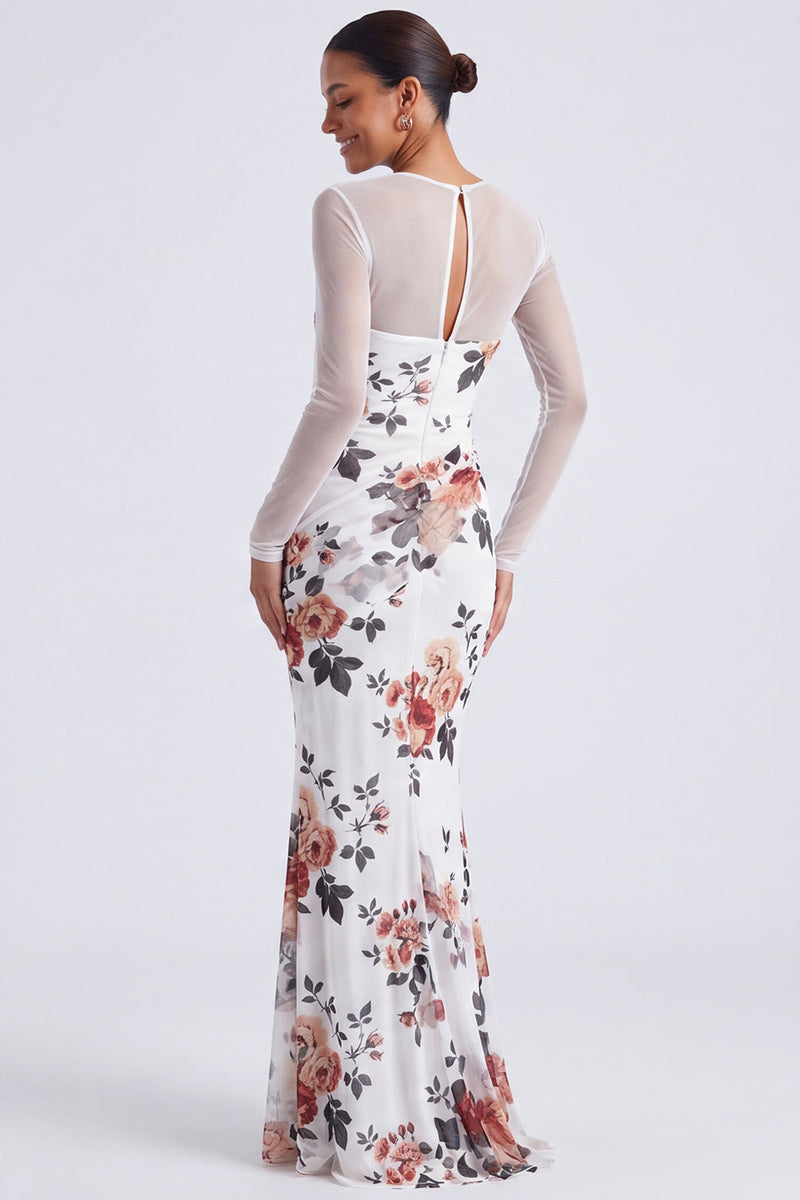 Load image into Gallery viewer, Black Round Neck Mermaid Floral Ruched Long Sleeves Formal Dress