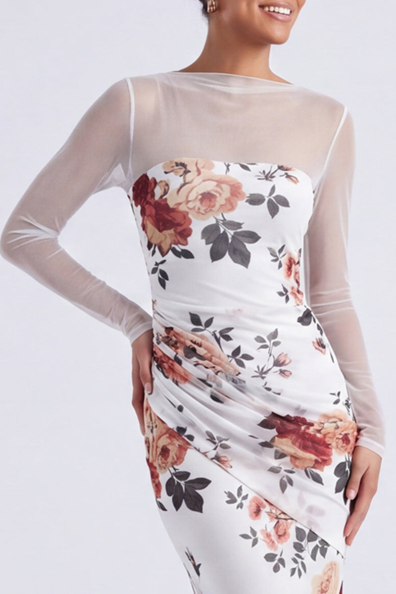 Load image into Gallery viewer, Black Round Neck Mermaid Floral Ruched Long Sleeves Formal Dress