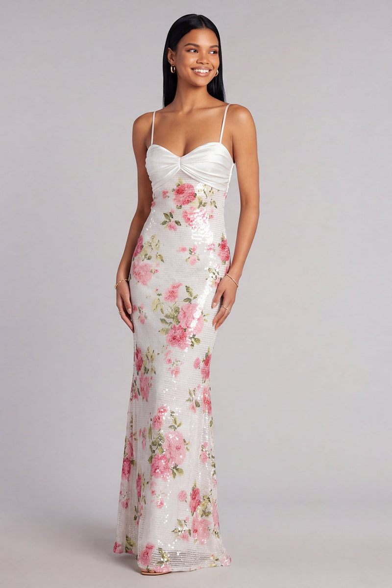 Load image into Gallery viewer, Ivory Spaghetti Straps Floral Sequins Mermaid Long Formal Dress