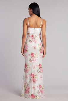 Ivory Spaghetti Straps Floral Sequins Mermaid Long Formal Dress