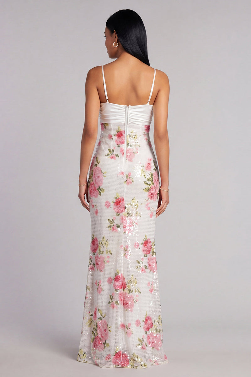 Load image into Gallery viewer, Ivory Spaghetti Straps Floral Sequins Mermaid Long Formal Dress