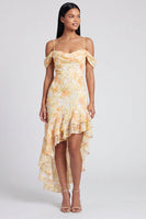 Load image into Gallery viewer, Butter Yellow Cold Shoulder Mermaid Floral High Low Formal Dress with Ruffles