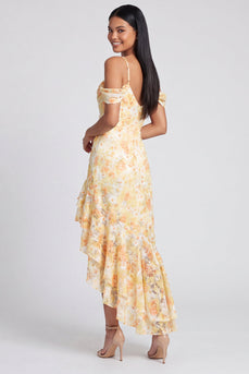 Butter Yellow Cold Shoulder Mermaid Floral High Low Formal Dress with Ruffles