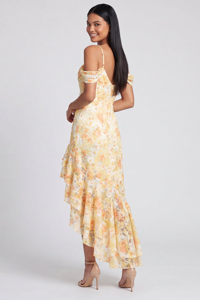 Load image into Gallery viewer, Butter Yellow Cold Shoulder Mermaid Floral High Low Formal Dress with Ruffles