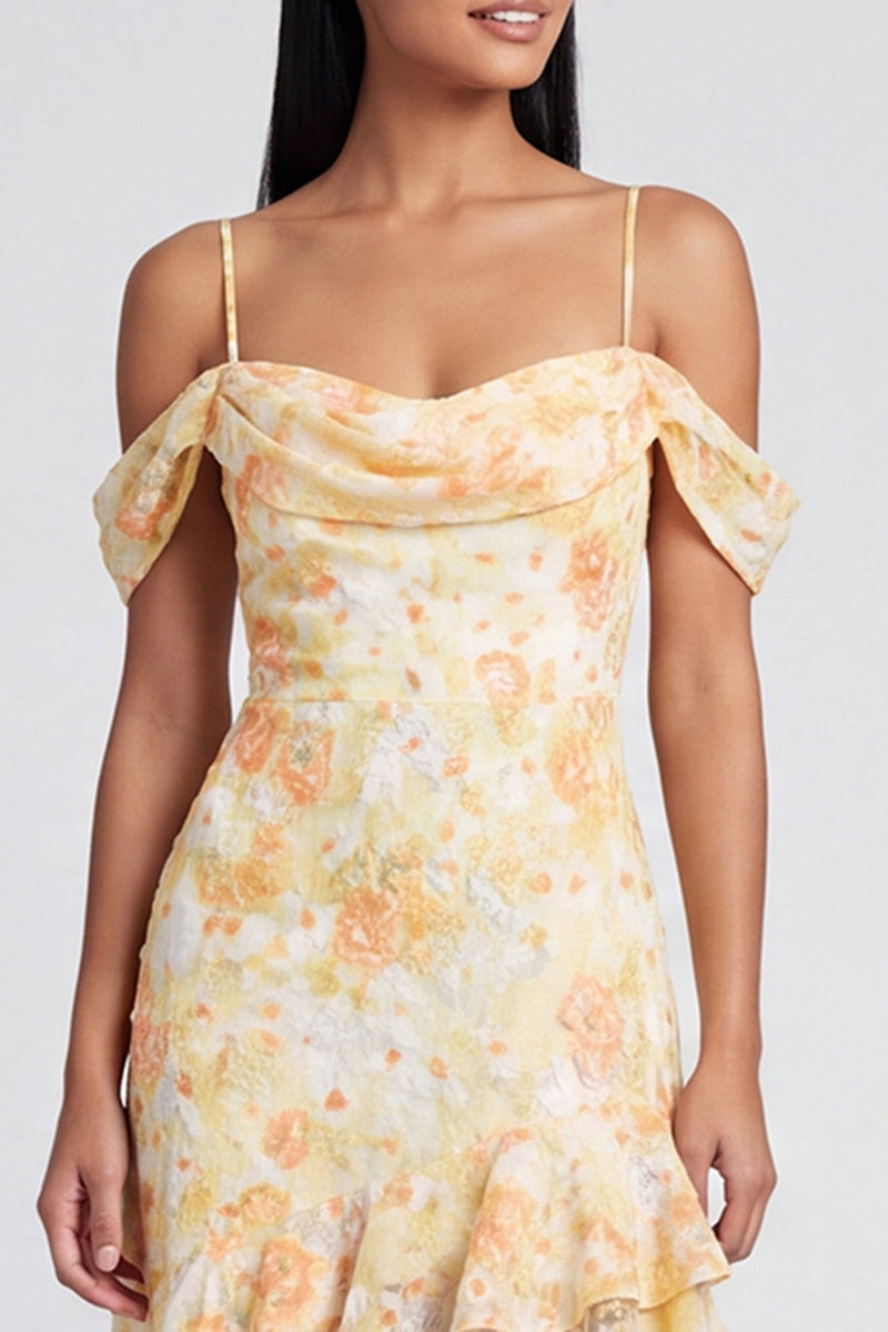 Load image into Gallery viewer, Butter Yellow Cold Shoulder Mermaid Floral High Low Formal Dress with Ruffles