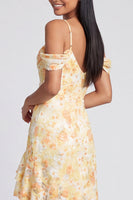 Load image into Gallery viewer, Butter Yellow Cold Shoulder Mermaid Floral High Low Formal Dress with Ruffles