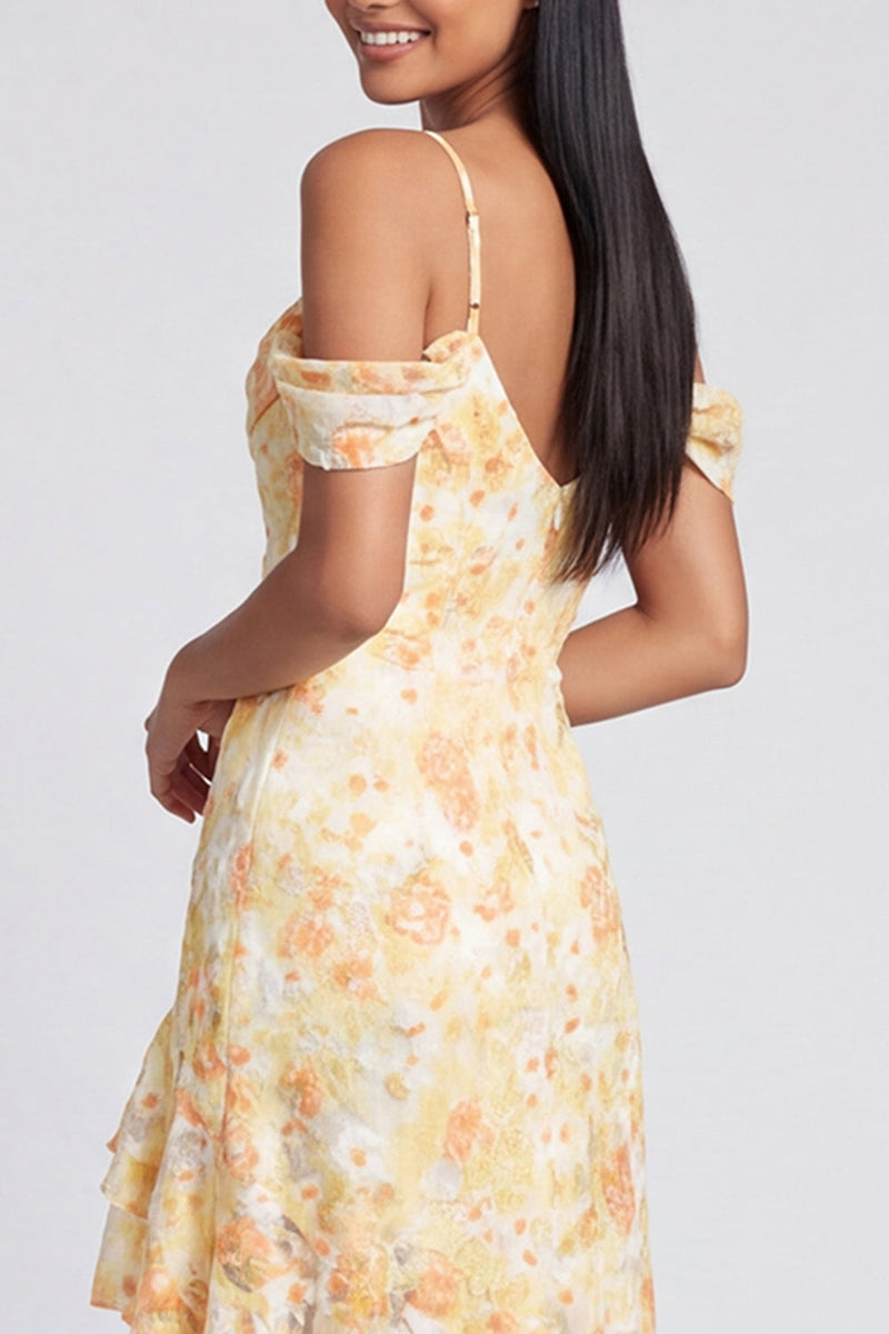 Load image into Gallery viewer, Butter Yellow Cold Shoulder Mermaid Floral High Low Formal Dress with Ruffles