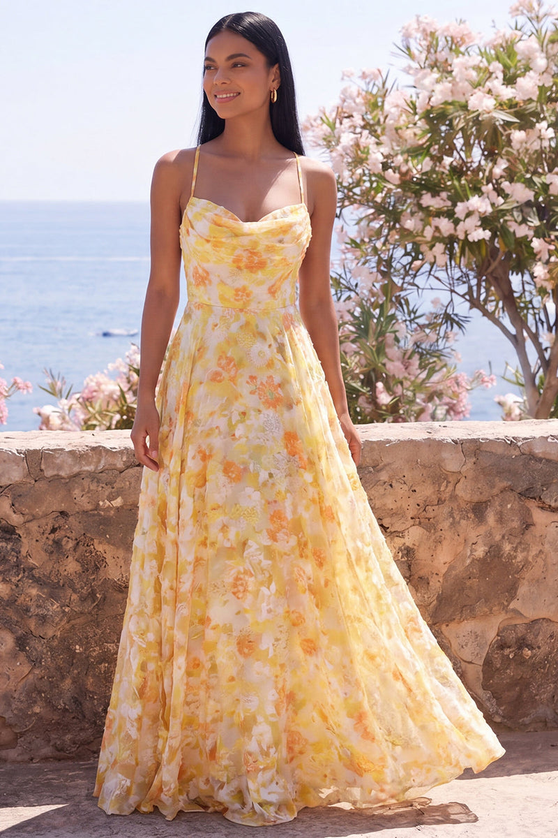 Load image into Gallery viewer, Butter Yellow Floral A Line Cowl Neck Long Formal Dress