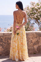 Load image into Gallery viewer, Butter Yellow Floral A Line Cowl Neck Long Formal Dress