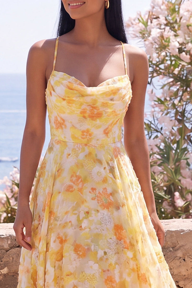Load image into Gallery viewer, Butter Yellow Floral A Line Cowl Neck Long Formal Dress
