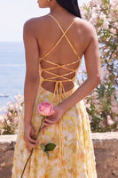Load image into Gallery viewer, Butter Yellow Floral A Line Cowl Neck Long Formal Dress