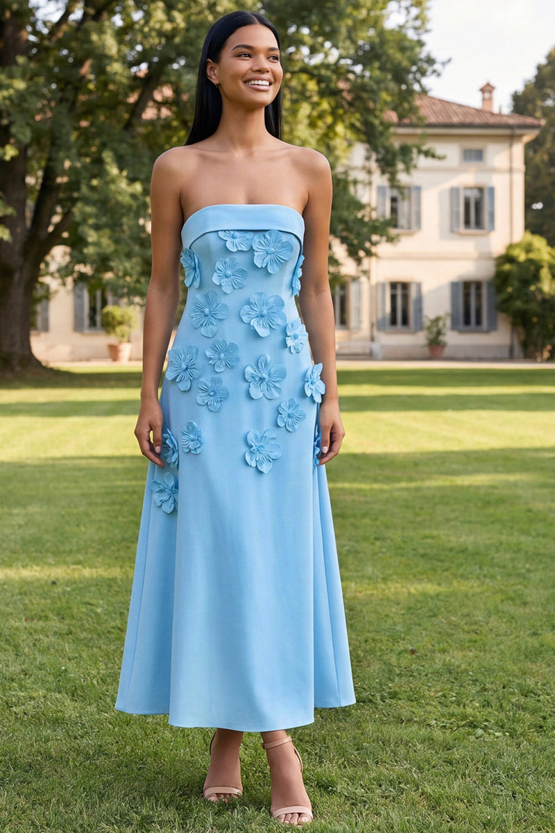 Load image into Gallery viewer, Blue A Line Floral Strapless Maxi Formal Dress