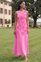 Load image into Gallery viewer, Hot Pink A Line Floral Round Neck Maxi Formal Dress