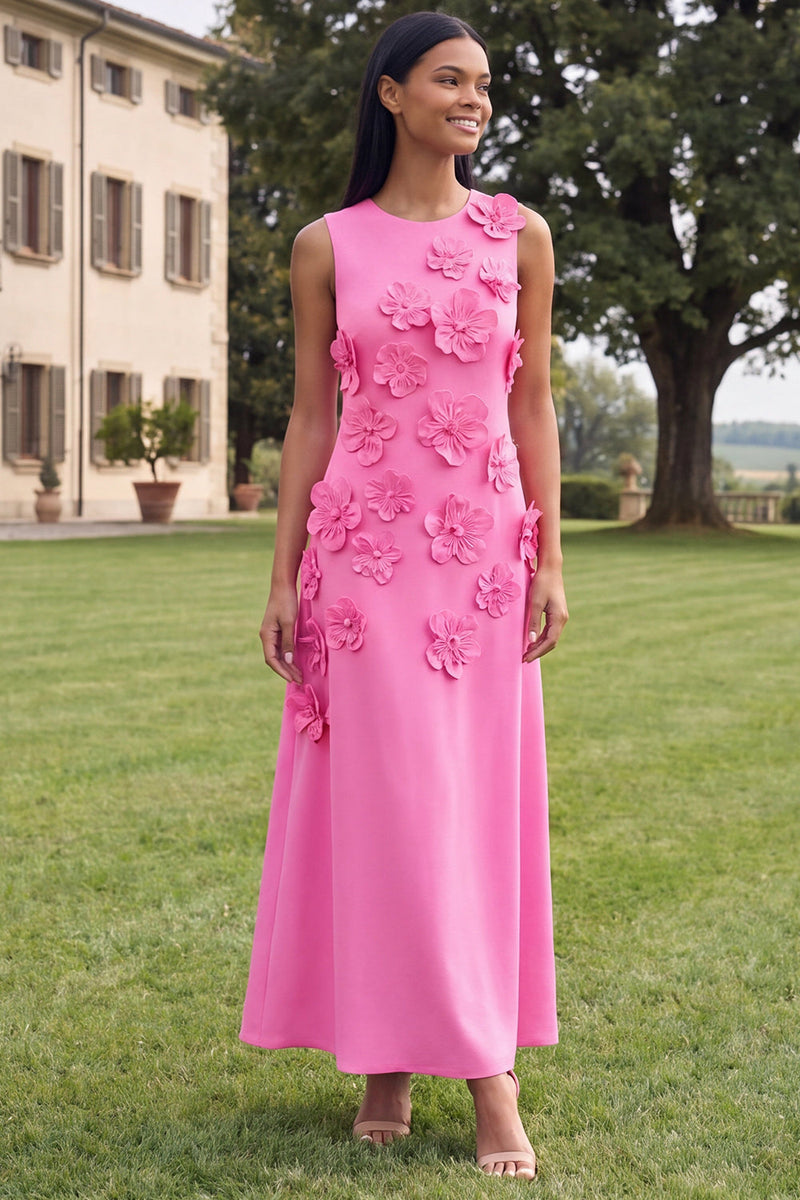 Load image into Gallery viewer, Hot Pink A Line Floral Round Neck Maxi Formal Dress