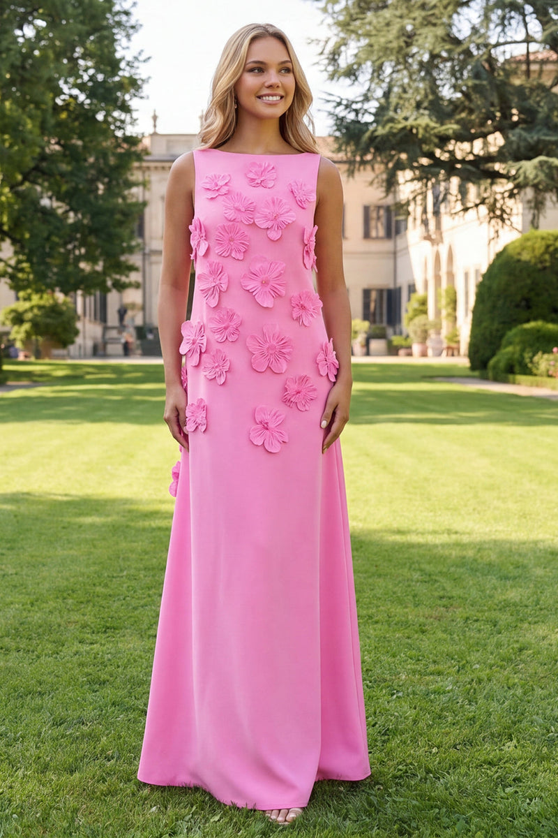 Load image into Gallery viewer, Floral Hot Pink A Line Boat Neck Long Formal Dress