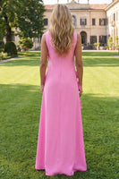 Load image into Gallery viewer, Floral Hot Pink A Line Boat Neck Long Formal Dress