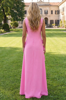 Floral Hot Pink A Line Boat Neck Long Formal Dress