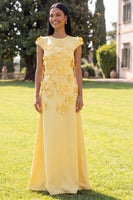 Load image into Gallery viewer, Black Floral A Line Round Neck Long Formal Dress with Sleeves