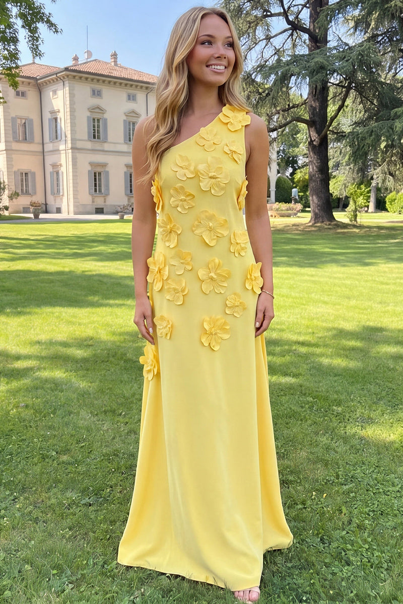 Load image into Gallery viewer, Yellow Sheath Floral One Shoulder Maxi Formal Dress