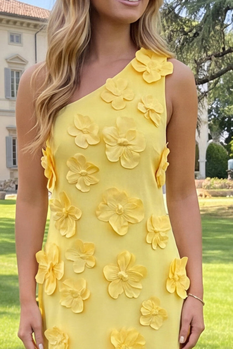 Load image into Gallery viewer, Yellow Sheath Floral One Shoulder Maxi Formal Dress