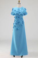 Load image into Gallery viewer, Round Neck Blue Floral A Line Long Formal Dress with Sleeves