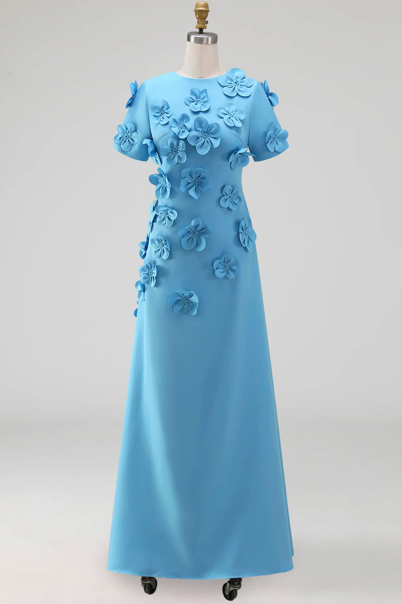 Load image into Gallery viewer, Round Neck Blue Floral A Line Long Formal Dress with Sleeves
