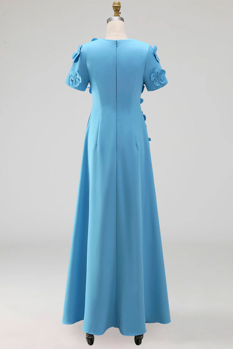Load image into Gallery viewer, Round Neck Blue Floral A Line Long Formal Dress with Sleeves