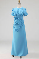 Load image into Gallery viewer, Round Neck Blue Floral A Line Long Formal Dress with Sleeves