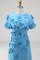 Load image into Gallery viewer, Round Neck Blue Floral A Line Long Formal Dress with Sleeves