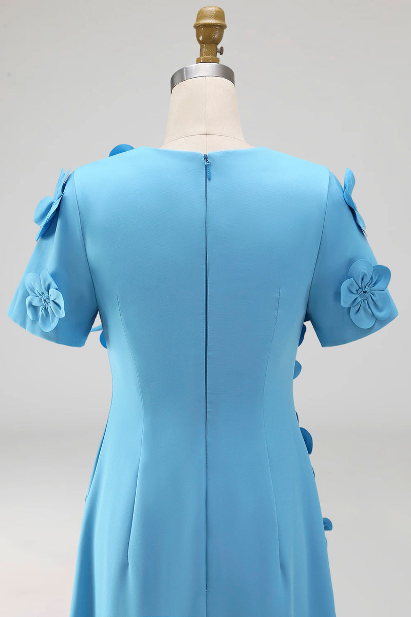 Load image into Gallery viewer, Round Neck Blue Floral A Line Long Formal Dress with Sleeves