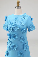 Load image into Gallery viewer, Round Neck Blue Floral A Line Long Formal Dress with Sleeves