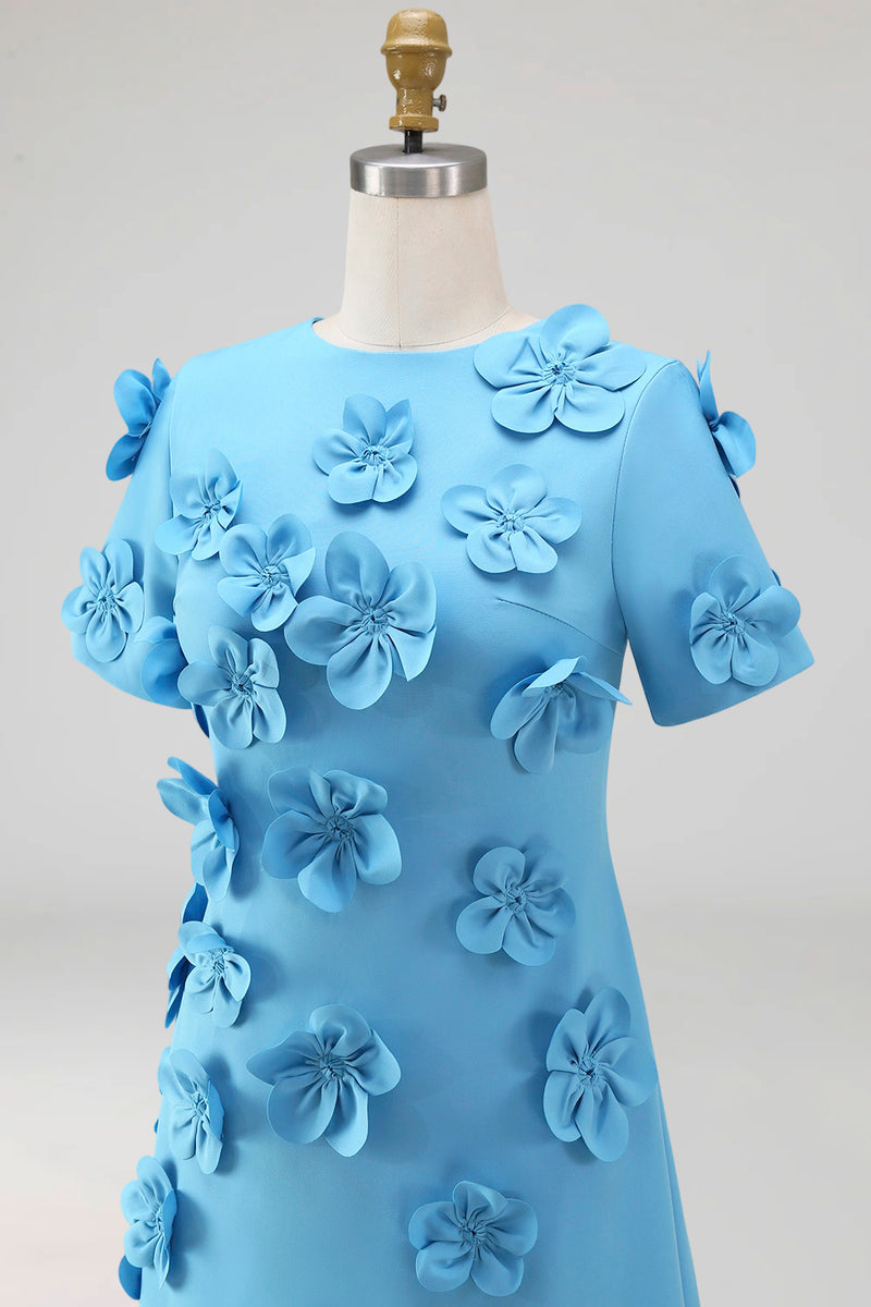 Load image into Gallery viewer, Round Neck Blue Floral A Line Long Formal Dress with Sleeves
