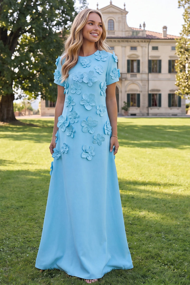 Load image into Gallery viewer, Round Neck Blue Floral A Line Long Formal Dress with Sleeves